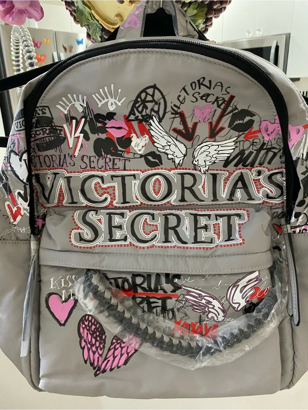 Victoria's Secret Gray Backpack with Pink Graffiti Accents